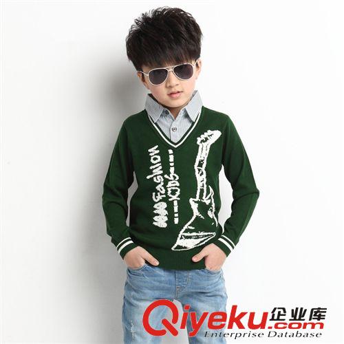 童毛衣 2014韩版 男童时尚吉他图案假2件 中大童长袖针织衫 厂价直销
