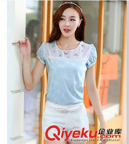 2014夏季新款泡泡袖韩版通勤大码圆领 短袖t恤 潮女式雪纺衫 8629