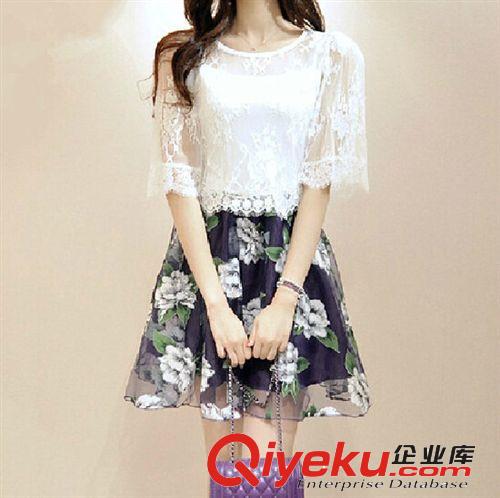 夏装新款韩国代购欧根纱连衣裙 韩版女式印花蕾丝两件套女装