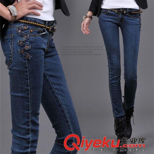 新款韩版侧排扣S型中腰弹力牛仔裤 女 显瘦铅笔小脚裤 H8248
