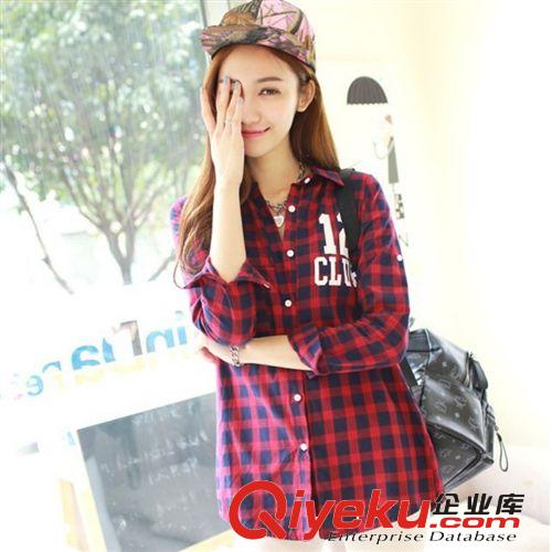 2014春季新款韩国dabagirl红格子字母印花中长款衬衫衬衣厂家直销