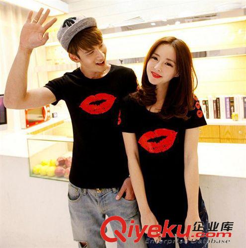 2014韩版个性红色嘴唇印男女纯棉T恤甜蜜韩国情侣装短袖T恤批发