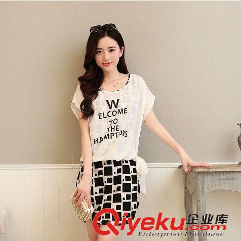 2014夏装新款 韩版圆领修身格子系带短袖雪纺两件套连衣裙
