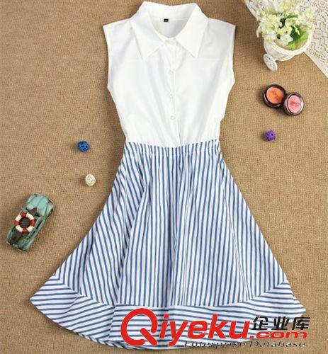 2014夏装新款韩版学院风甜美淑女风衬衣拼接条纹无袖连衣裙