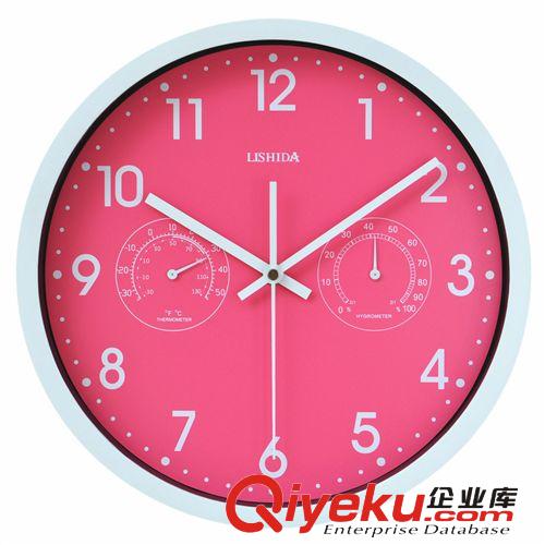 时尚温湿度静音挂钟 客厅粉红色简约时钟12英寸创意挂表