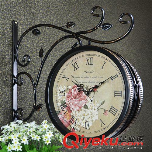 力时达时尚铁艺双面挂钟 欧式金属工艺钟 创意客厅复古挂钟表