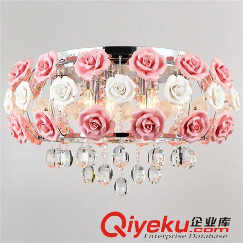 现代陶瓷玫瑰花朵水晶吸顶灯卧室灯具简约个性婚房灯饰