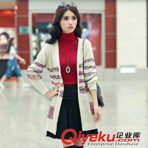 新款韩版秋冬款女装大码宽松多色间色条纹外套中长款毛衣6016F