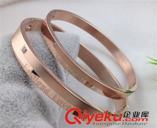 钛钢玫瑰金手镯 工厂新款 有钻钛钢玫瑰金情侣手镯至爱情侣手环，韩国流行饰品