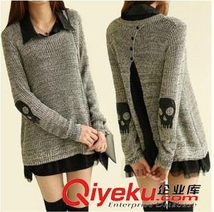 时尚套装 8873#(好质量)2014新款 秋装韩版 骷髅两件套雪纺衬衫针织衫毛衣