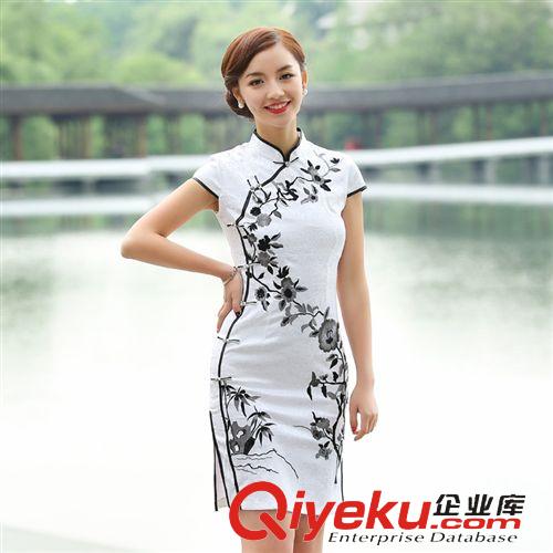 2014年新款厂家直销白色杭州短袖现货旗袍民族风格服装水墨中式复古