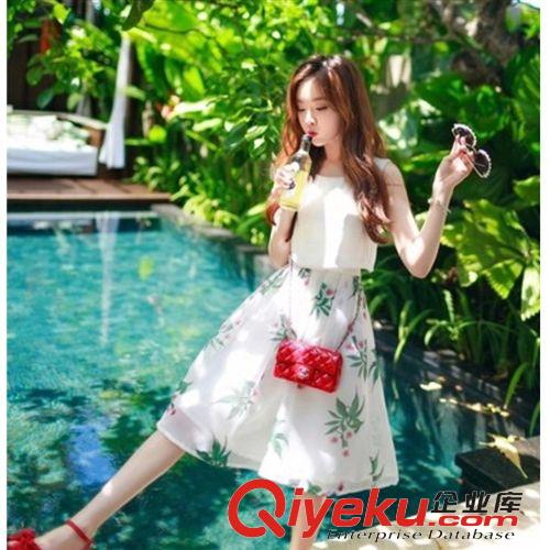 韩版短袖夏装 2015夏装新款女装假两件套无袖印花连衣裙夏季中长款裙子