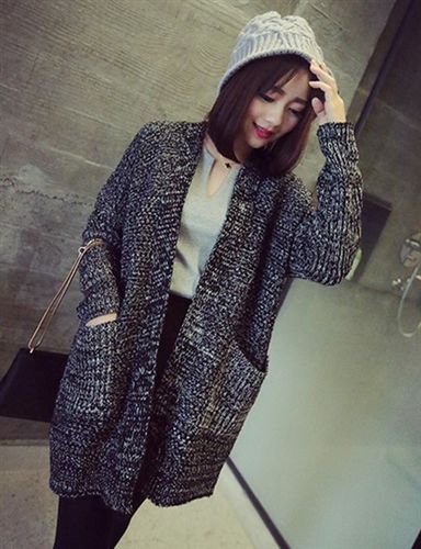 外套西装系列 2015开春新款韩国超范儿 灰色洋气蝙蝠感慵懒开衫中长款毛衣