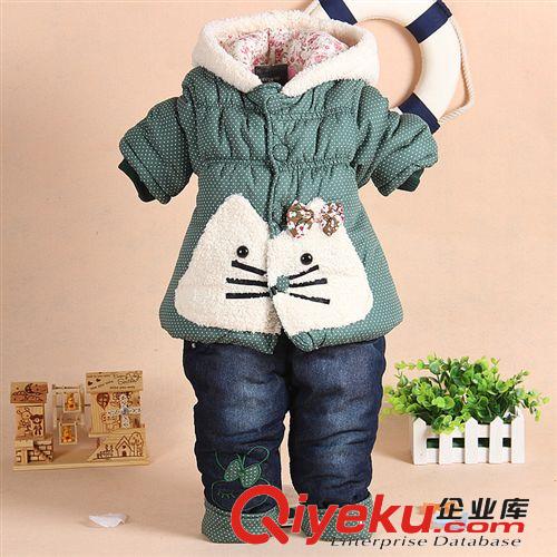 2014新款棉衣 广州童装 韩版圆点猫咪女童棉衣套装 加厚绒0-3岁宝宝冬款童套装