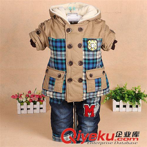 2014新款棉衣 广州童装 2014冬款男童加厚加绒棉衣套装 欧美格子棉布婴儿童套装