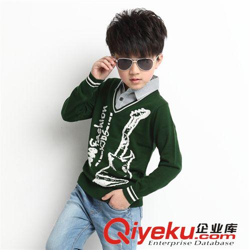 童毛衣 2014韩版 男童时尚吉他图案假2件 中大童长袖针织衫 厂价直销