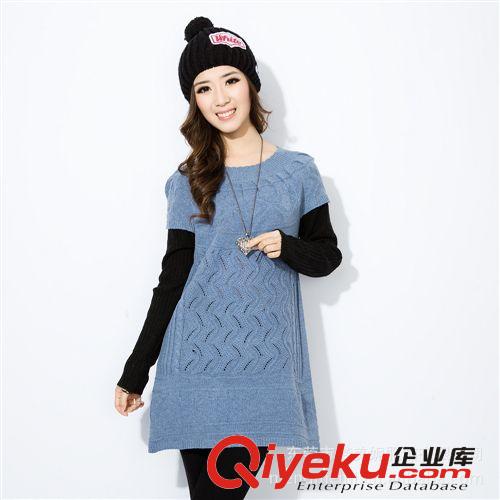 新款韩版女装针织衫 库存韩版圆领长款女装 假两件女式毛衣针织衫