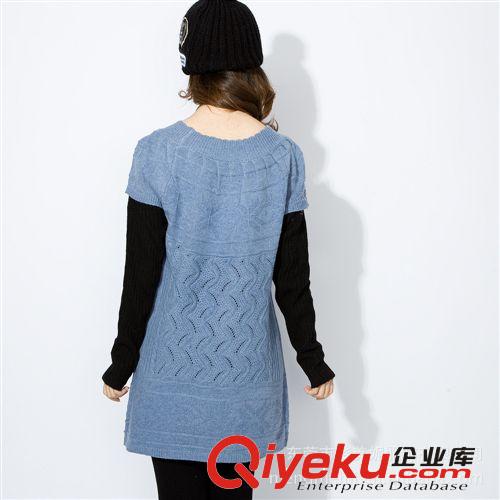 新款韩版女装针织衫 库存韩版圆领长款女装 假两件女式毛衣针织衫