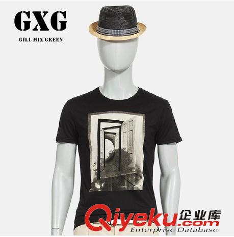 GXG男装2014夏装新款黑色立体印花潮男士全棉修身圆领短袖T恤T737