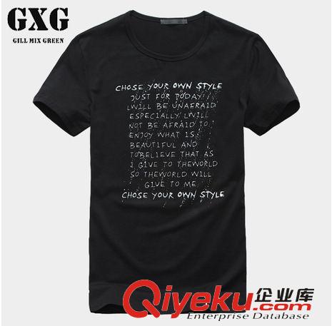 GXG男装黑色字母印花圆领个性男士夏装全棉修身圆领潮短袖T恤T599