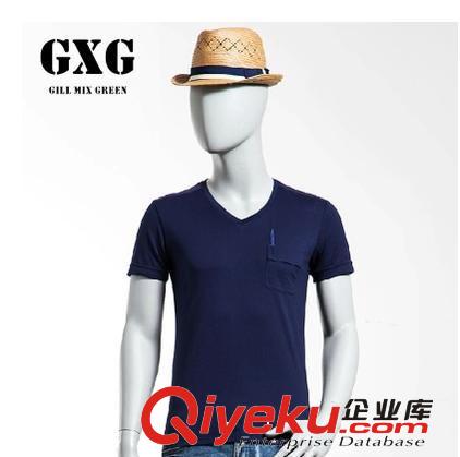 GXG男装2014夏装新款口袋绣花拼织带纯棉弹力修身V领短袖T恤 T773