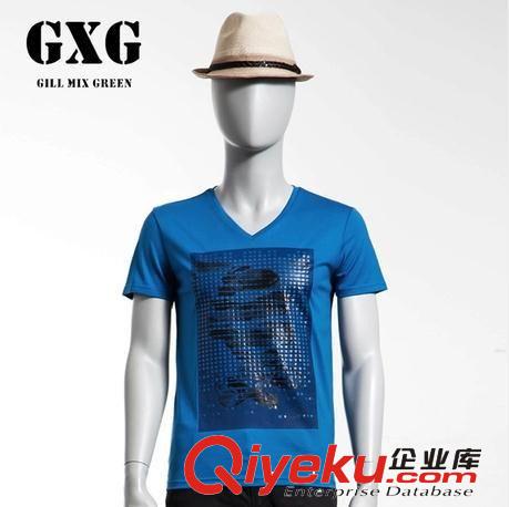 GXG男装2014夏装新款蓝色立体印花潮男士全棉修身V领短袖T恤T738