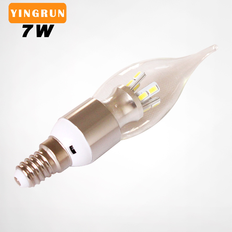 超亮LED透明玻璃蜡烛灯泡E14/E27螺口7W 360°发光水晶尖泡光源