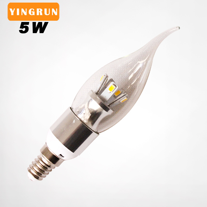 超亮LED透明玻璃蜡烛灯泡E14/E27螺口5w 360°发光水晶尖泡光源