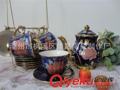 【广东货源】供应14头陶瓷色釉镀钛咖啡具 茶具套装 礼品茶具
