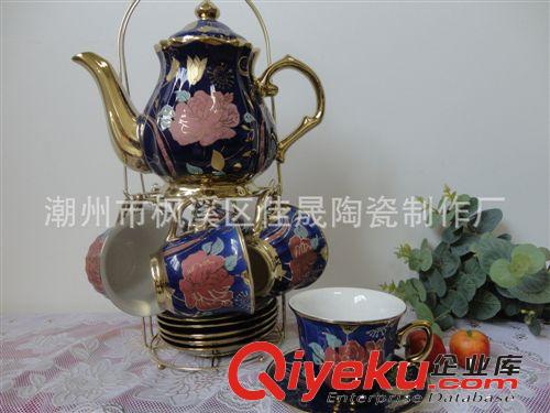 【广东货源】供应14头陶瓷色釉镀钛咖啡具 茶具套装 礼品茶具