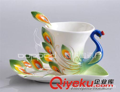 厂家供应 炫金孔雀咖啡杯碟勺套装 珐琅瓷描金咖啡具系列