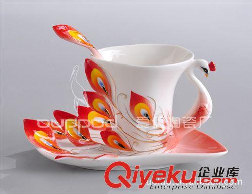 厂家供应 炫金孔雀咖啡杯碟勺套装 珐琅瓷描金咖啡具系列