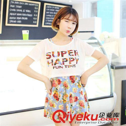 韩版印花字母T恤短袖+无袖花朵印花短裙两件套连衣裙  S100