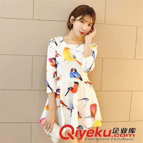 2014年韩版女装韩版新款鸟儿印花图案修身七分袖连衣裙  S1022