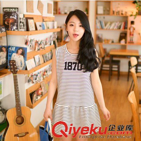 韩版女装一件代发 韩国代购学院显瘦条纹T恤连衣裙 厂家一件代发