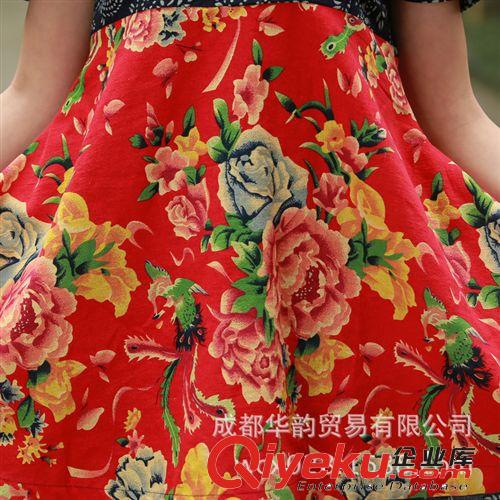 2014新款民族风女装夏短袖 棉麻复古花布拼接裙摆上衣 可混批
