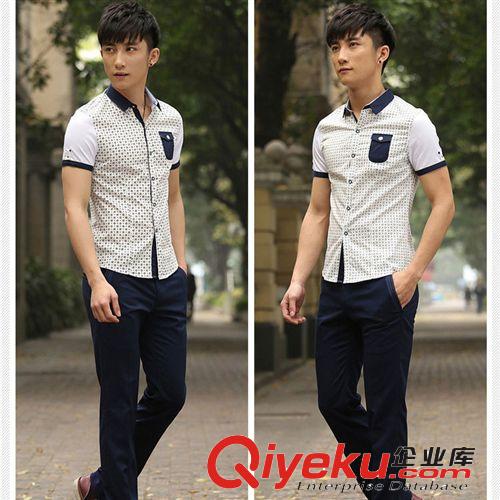 韩版修身型碎花短袖衬衫 商务休闲纯棉半袖男装 衬衣