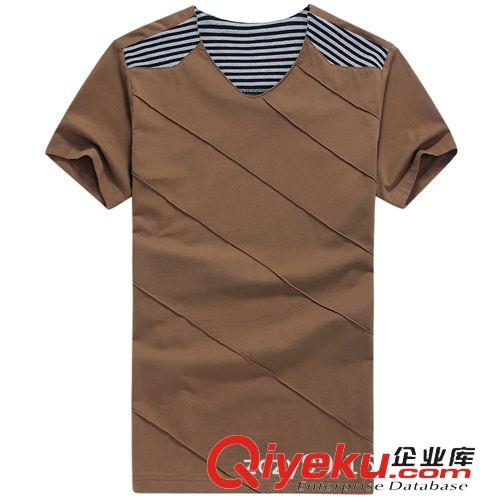 2014夏季T恤订做款 2014夏装新品短袖 V领条纹T恤男装韩版修身款3076