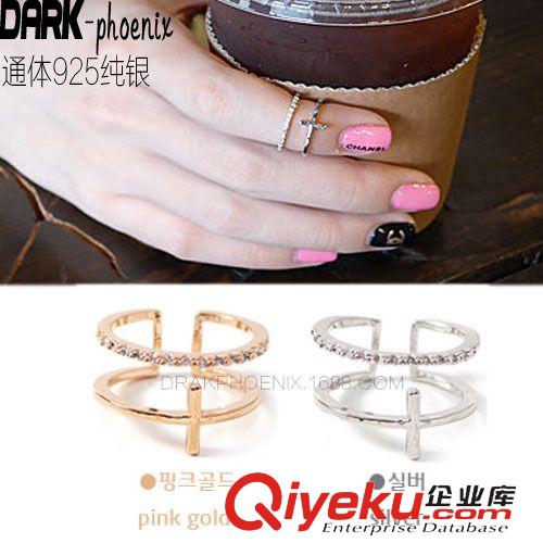 新品 NEW 日韩国双层十字架925纯银戒指开口指环时尚杂志同款女银戒指