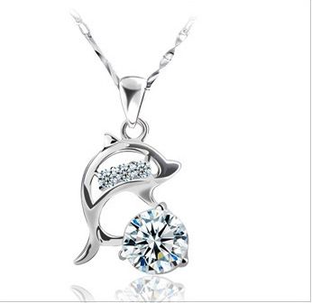 2015年1月新款 925纯银水晶银饰项链 女款 短款海豚吊坠 情人节礼物送女友