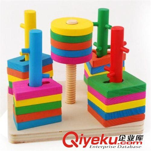 木制玩具区 供应五柱套装积木 婴幼儿童早教益智木制玩具 识别颜色形状