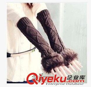 冬款手套 可爱韩版淑女百搭 长款毛线手套毛毛皮草冬季保暖针织半指手套