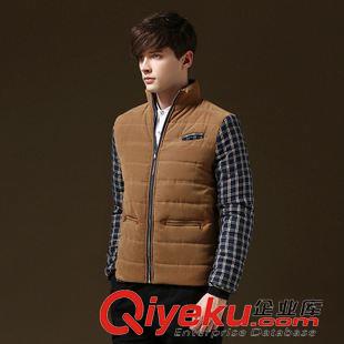 棉衣 2015冬装新款韩版立领修身格子拼接袖棉衣男有加肥加大码