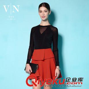 女士上衣 2015时尚秋装 黑色圆领长袖衫 修身显瘦网纱打底衫VNA30275