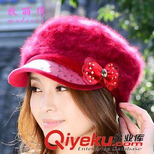 未分类 韩版时尚新款秋冬帽子批发 女士蝴蝶结烫钻兔毛鸭舌帽时装帽