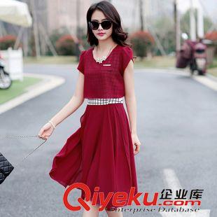 成吉思汗 2015夏季新款韩版假两件雪纺连衣裙大码圆领裙子
