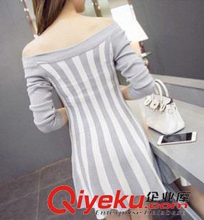 未分类 Q实拍2015秋装新款 日韩版 竖条纹拼色修身针织连衣裙
