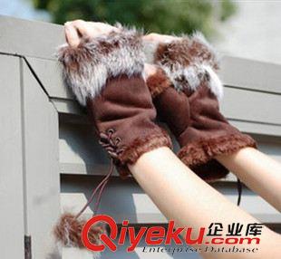手套/腕套 韩版 女 秋冬兔毛麂皮绒半指手套 带兔毛球球手套