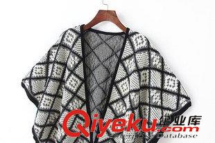 未分类 6999-韩版潮15秋冬女装新品开衫 几何菱形图案蝙蝠袖流苏斗篷毛衣