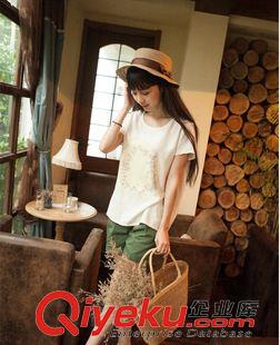 T恤 2015夏季日系森女系上衣印花棉麻圆领短袖T恤